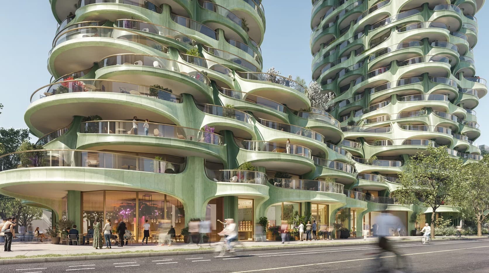Twin curved residential towers with stacked elliptical terraces rising from a sculpted podium, modelled in Rhino.