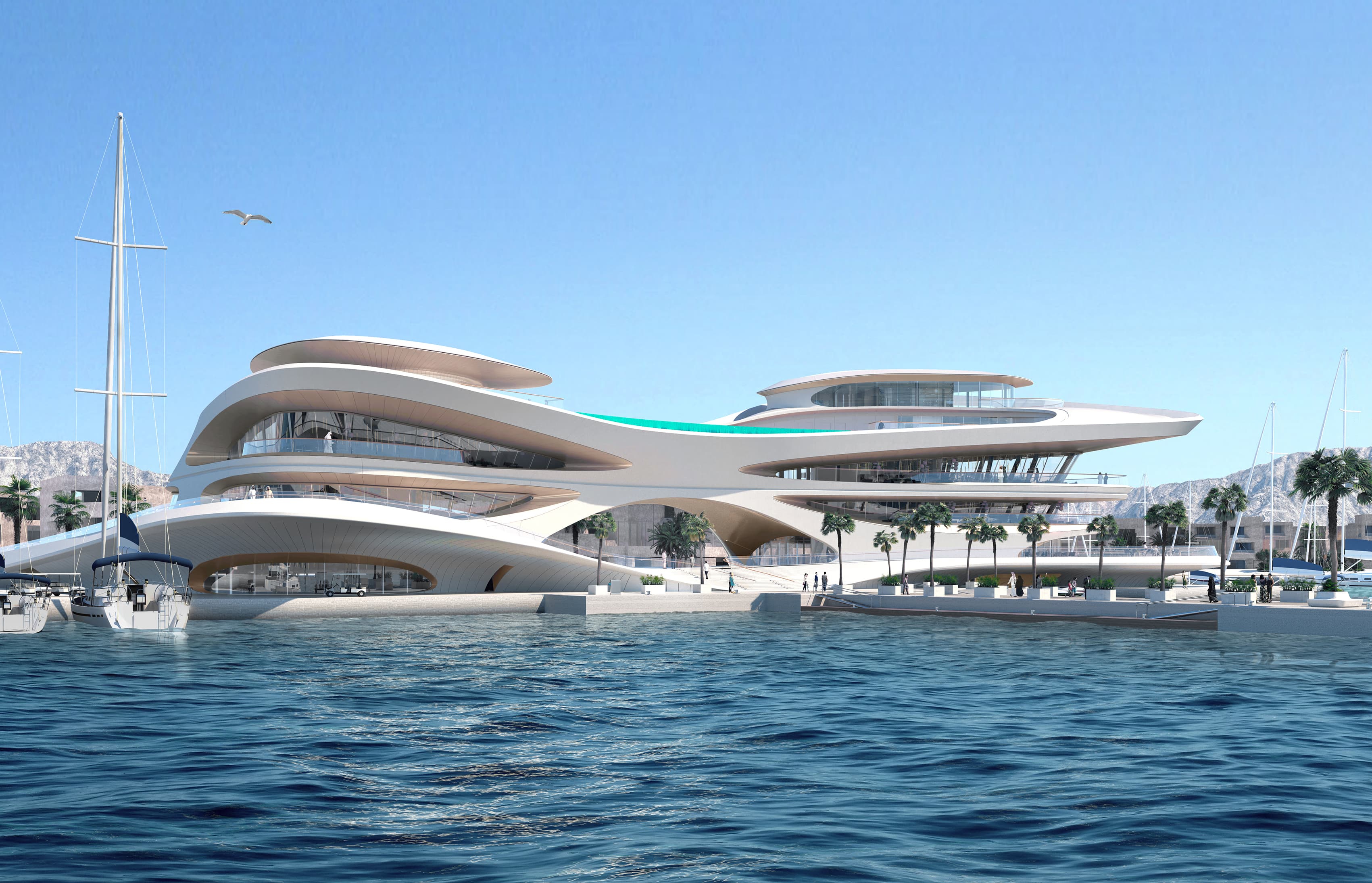 A photorealistic render of a curved, multi-deck HKS marina clubhouse on the waterfront with moored yachts and palm trees.
