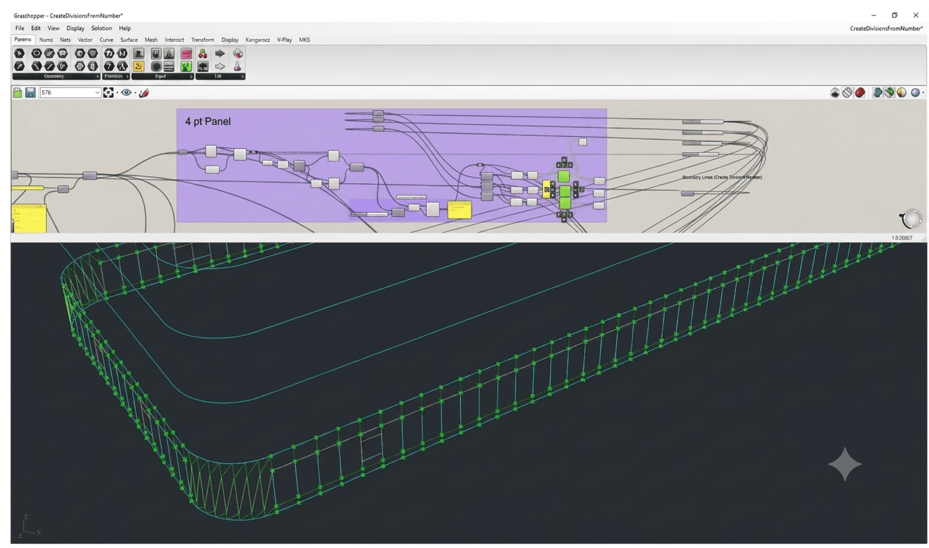 Grasshopper definition for four-point panel setout driving a Rhino model of a curved facade band, its panel divisions marked with adaptive points.