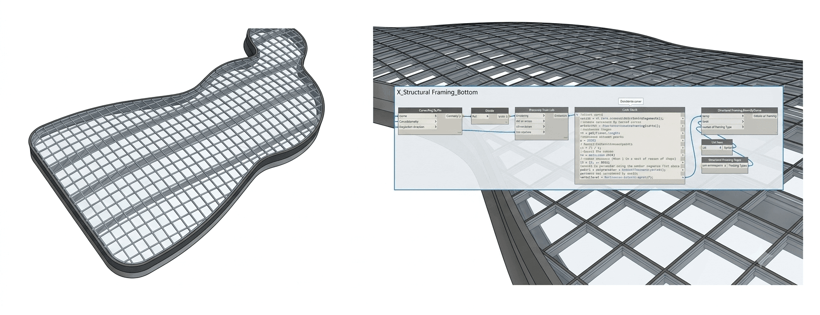 Freeform gridshell roof model beside the Dynamo graph that generates its bottom structural framing in Revit through a scripted code node.