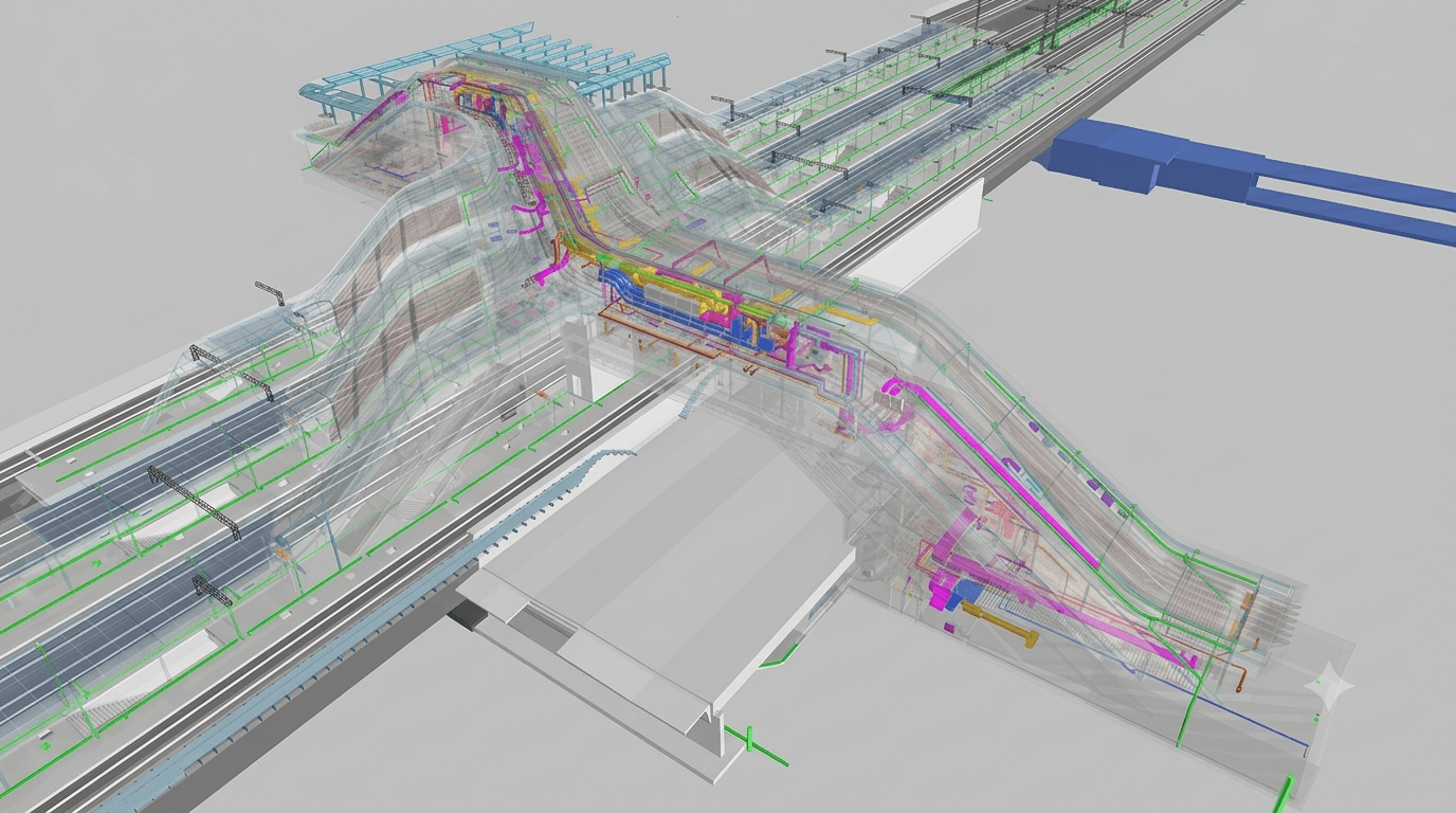 Federated BIM model of a rail station: transparent structure and footbridge over the platforms with colour-coded mechanical, electrical and plumbing services routed through it.