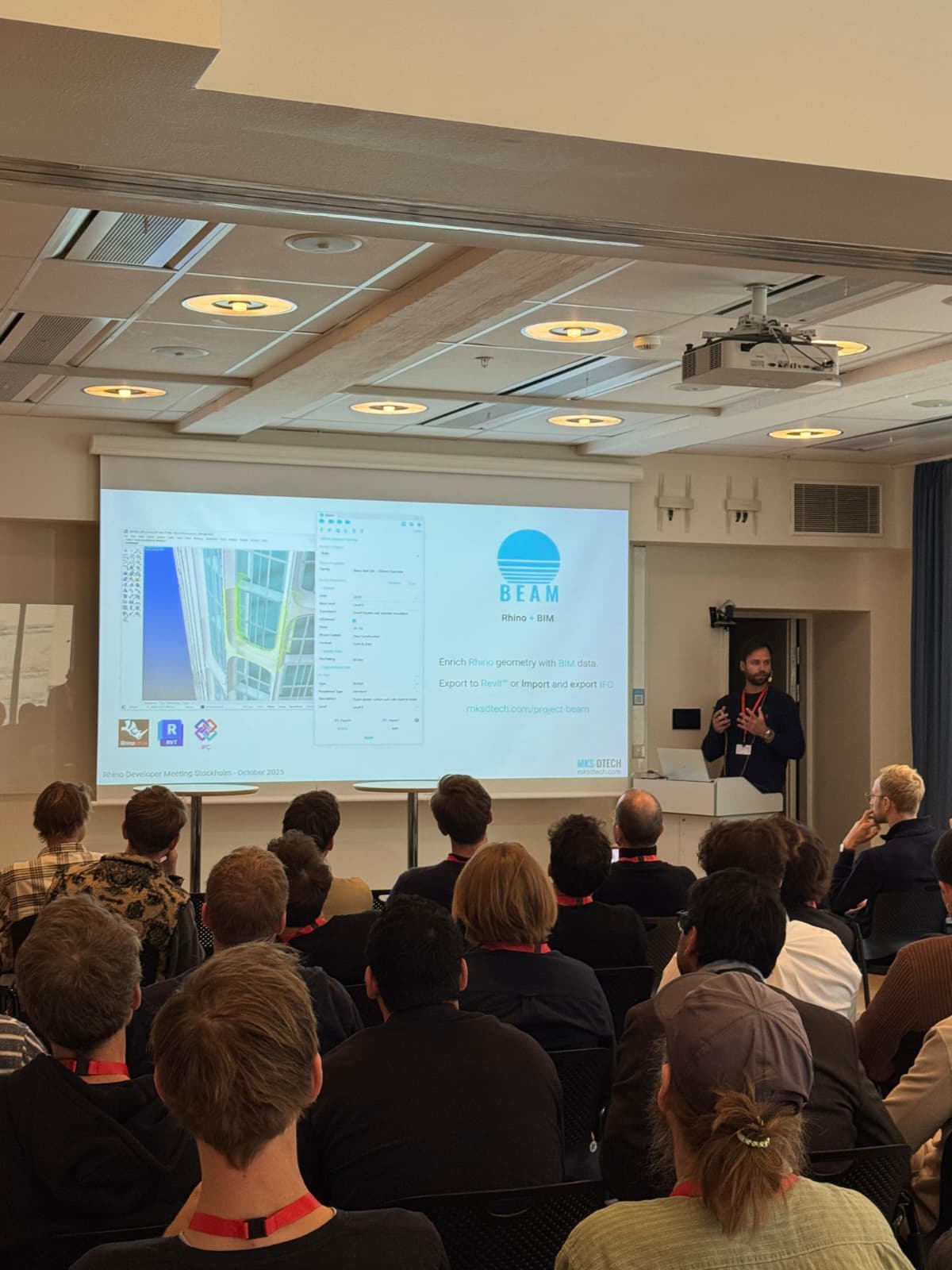 Mikael presenting BEAM to a full room at the Rhino Developer Meeting in Stockholm.