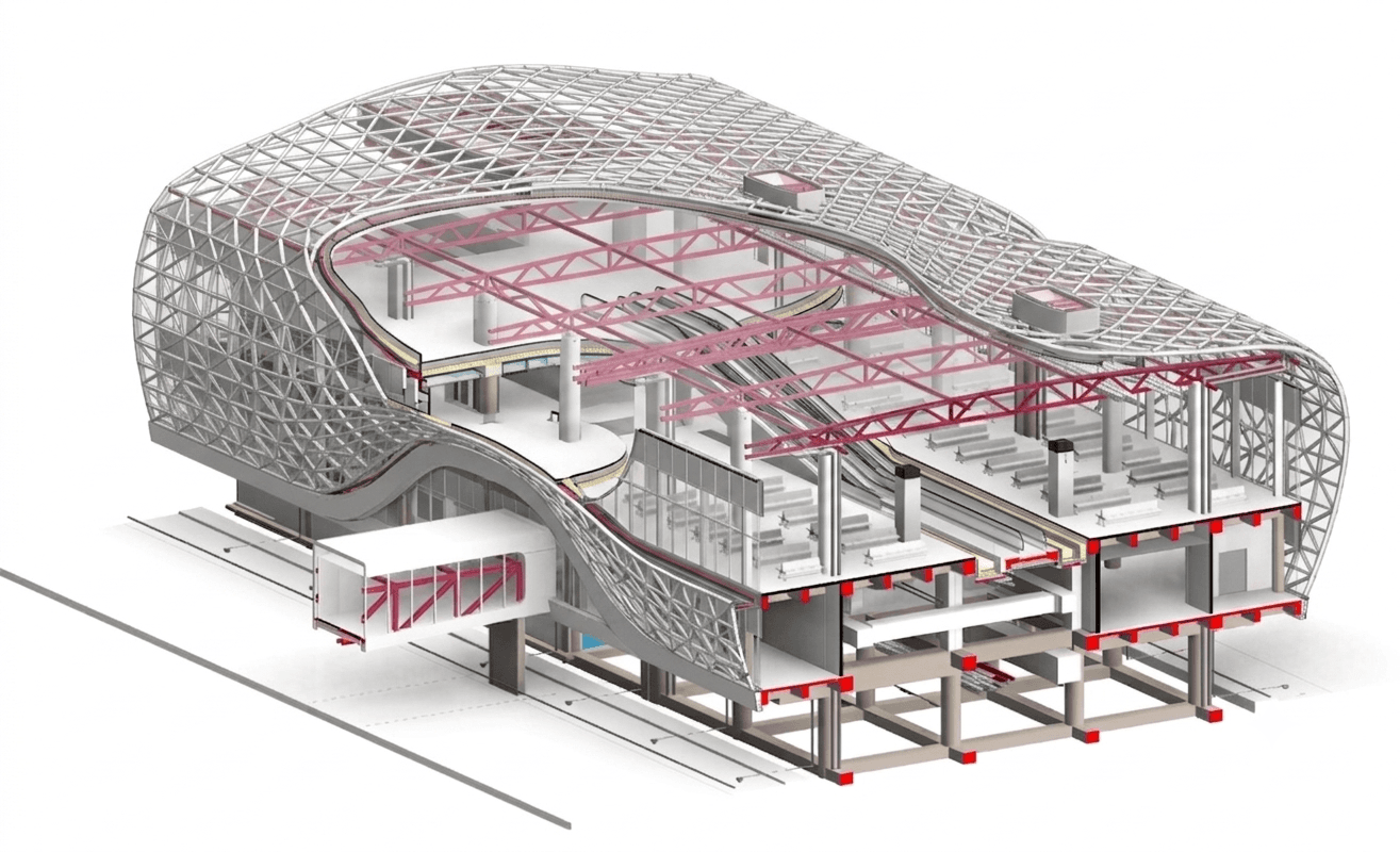 Sectioned BIM model of an airport terminal: gridshell envelope, primary steel trusses and the concrete structure below.