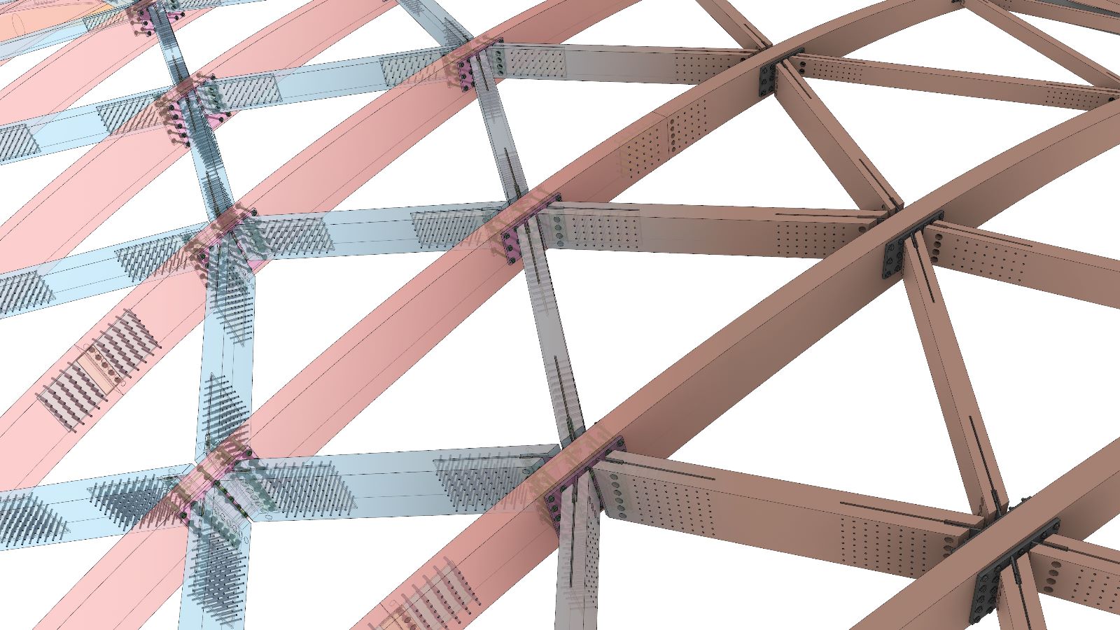 A close-up of the gridshell's diagrid showing bolted steel node connections and gusset plates between curved members.
