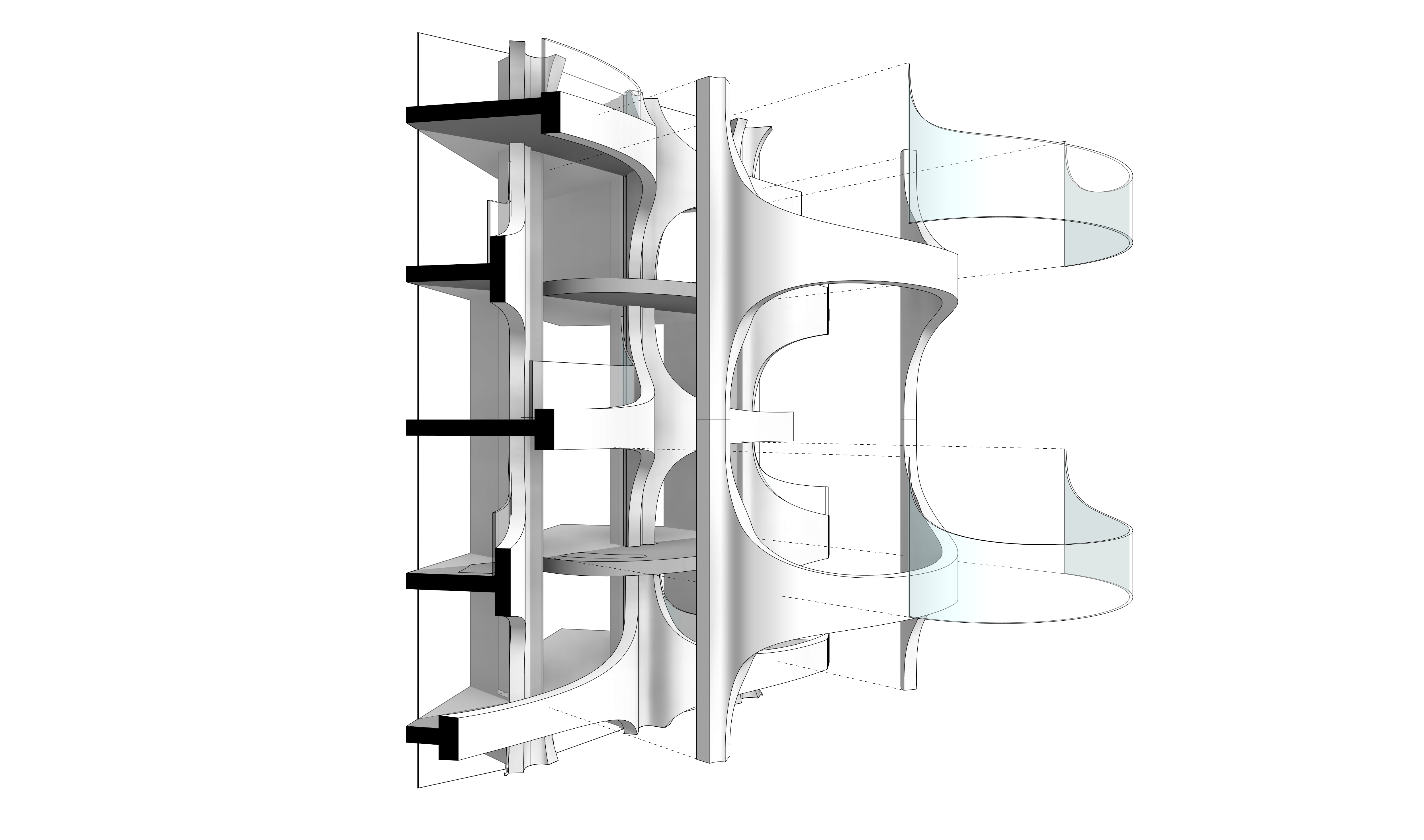 Cutaway structural section showing curtain-wall mullions, slab edges and a branching column meeting at a façade junction.