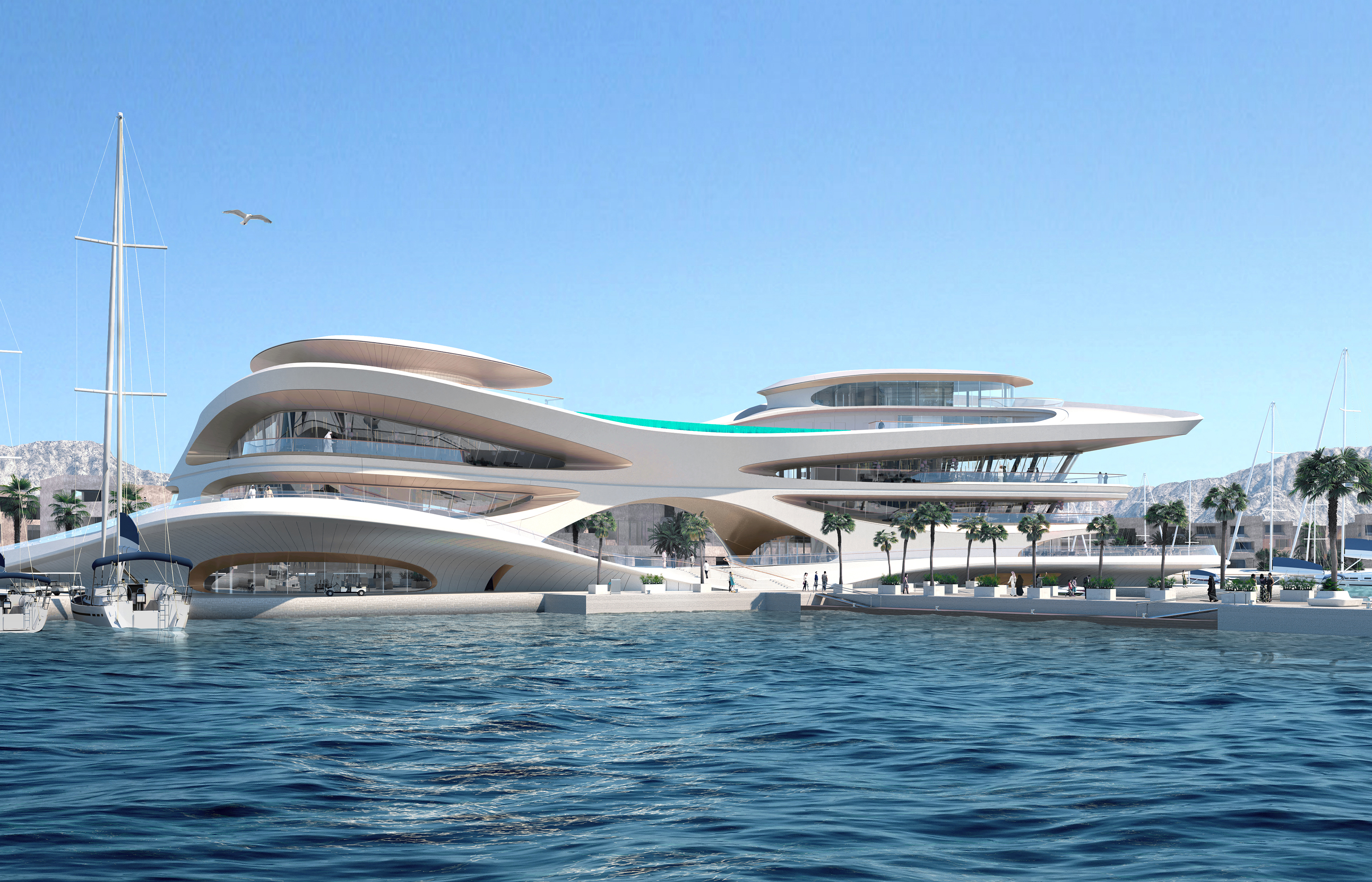 A photorealistic render of a curved, multi-deck marina clubhouse on the waterfront with moored yachts and palm trees.