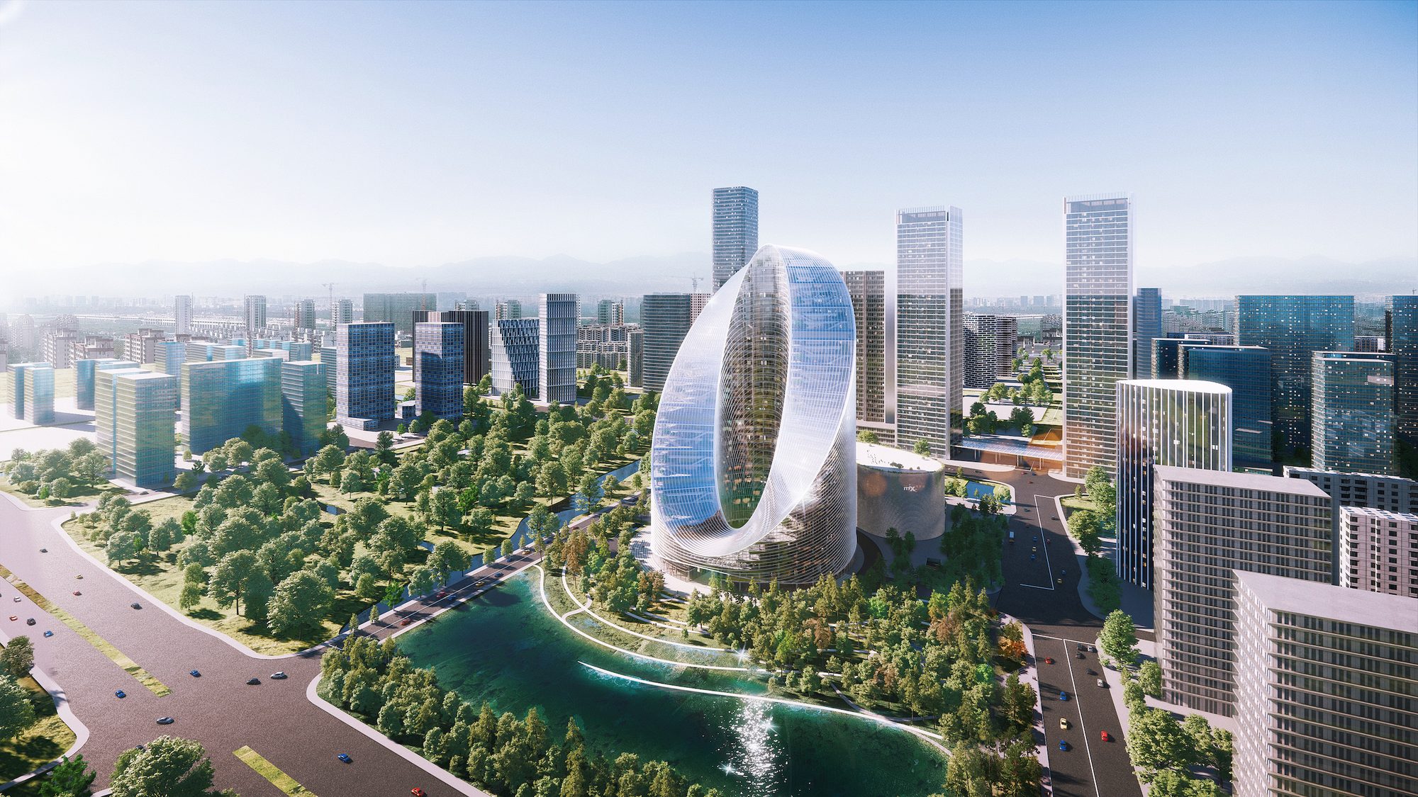 An aerial render of BIG's O-Tower: a freeform, O-shaped looping glass tower with a central void, set in a landscaped city park.