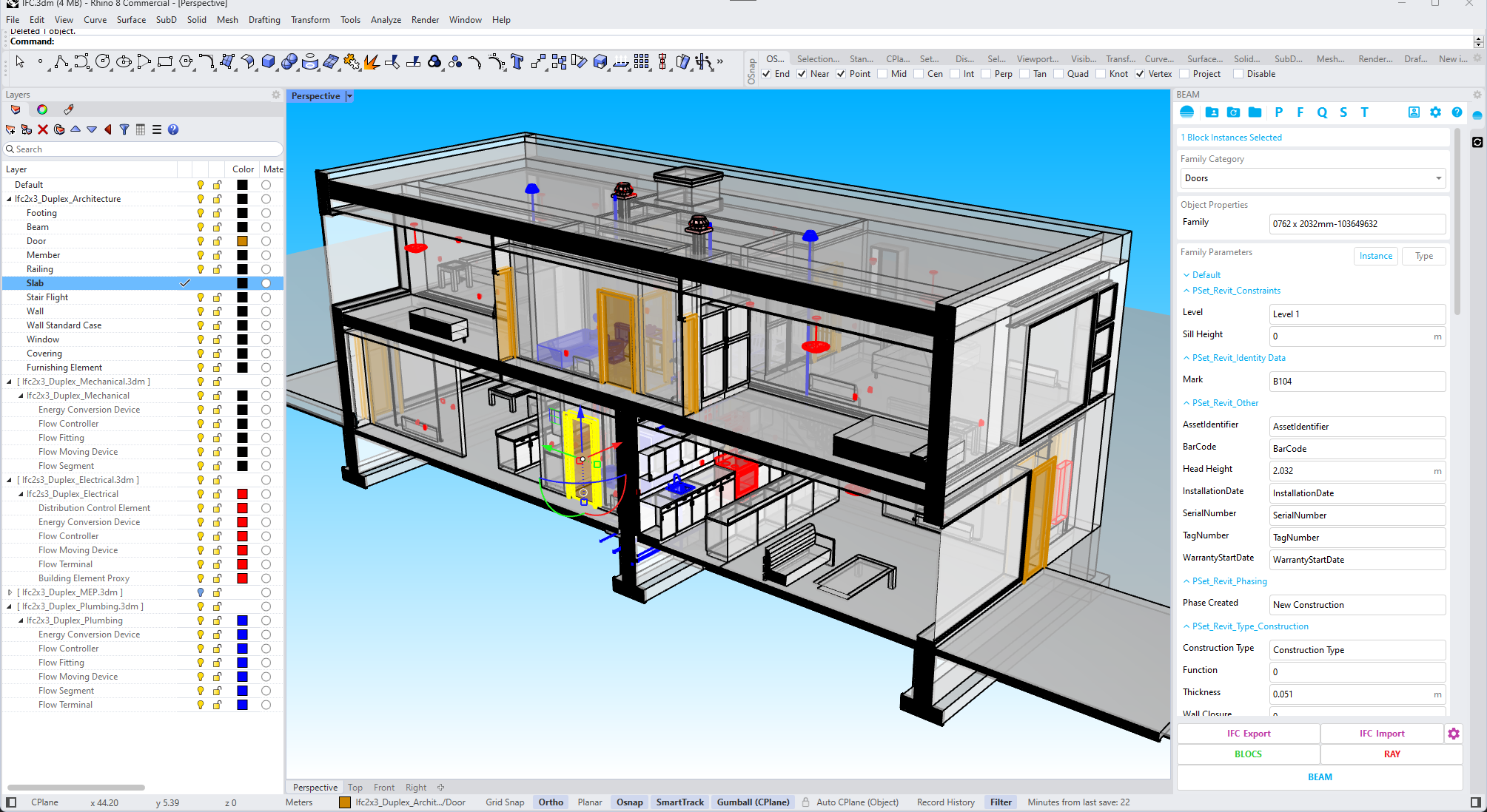 The IFC Duplex sample model open in Rhino through BEAM: architecture, mechanical, electrical and plumbing worksessions organised into class-driven layers, with the selected door's property sets shown in the BEAM panel.