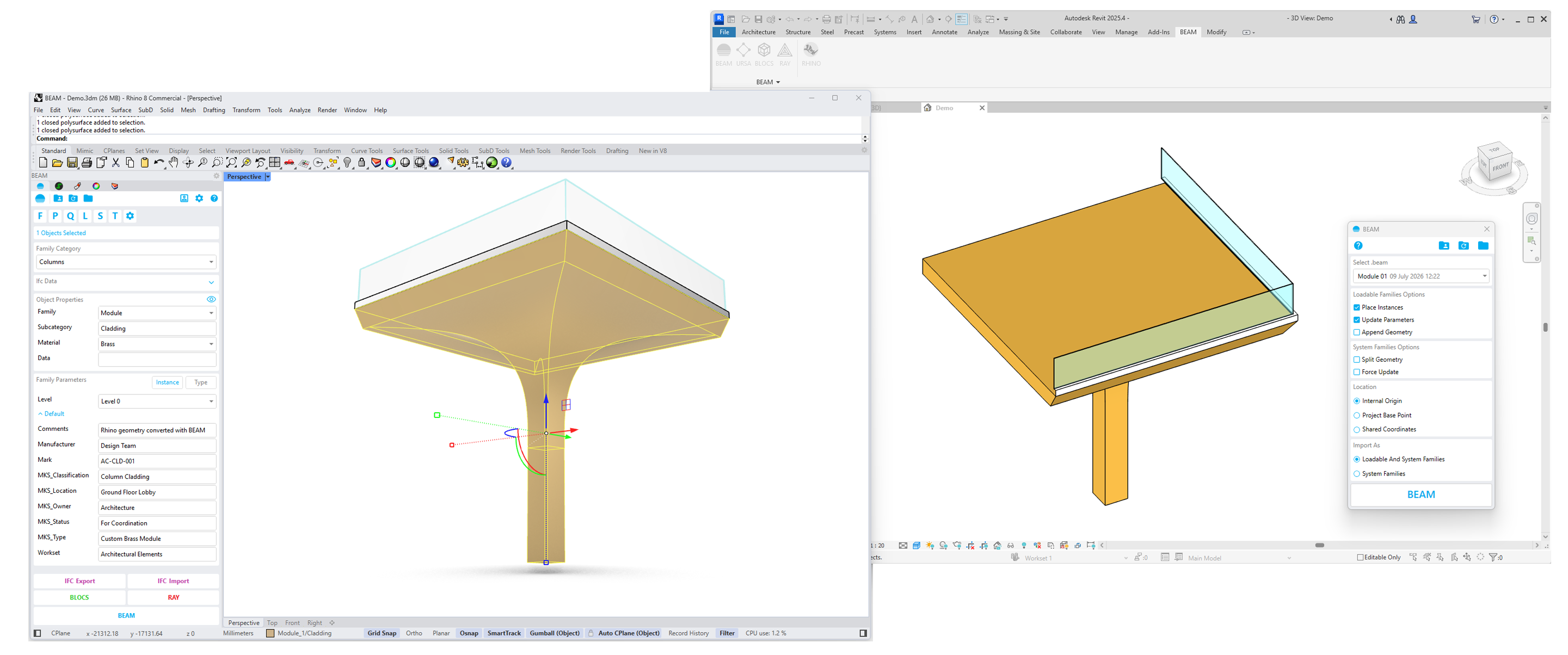 The same column-and-canopy geometry open side by side in Rhino with the BEAM panel and in Autodesk Revit, sharing family category, family, material and parameters.