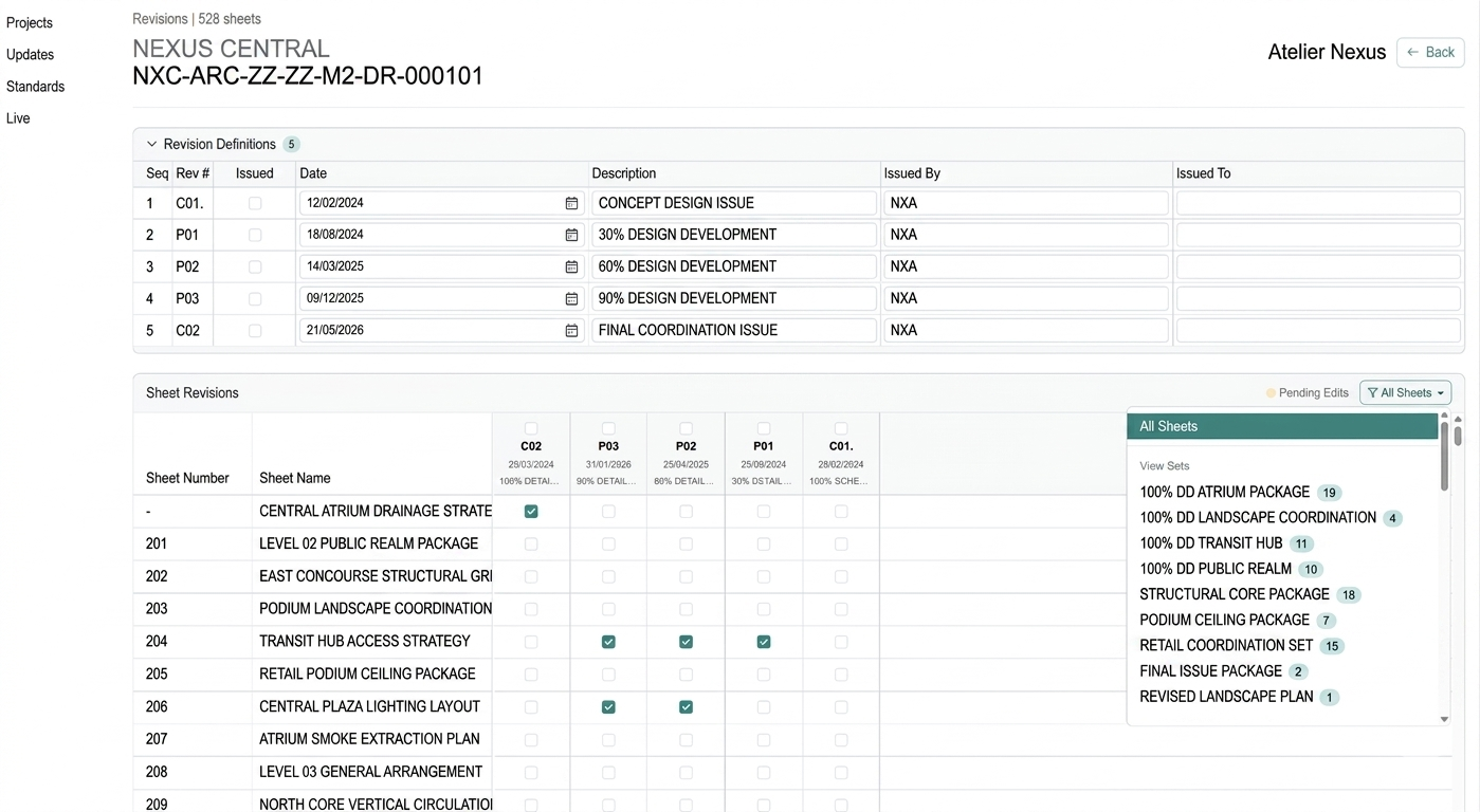 Nessie revisions view: a revision definitions table and a sheet revisions matrix mapping each revision to the sheets it affects.
